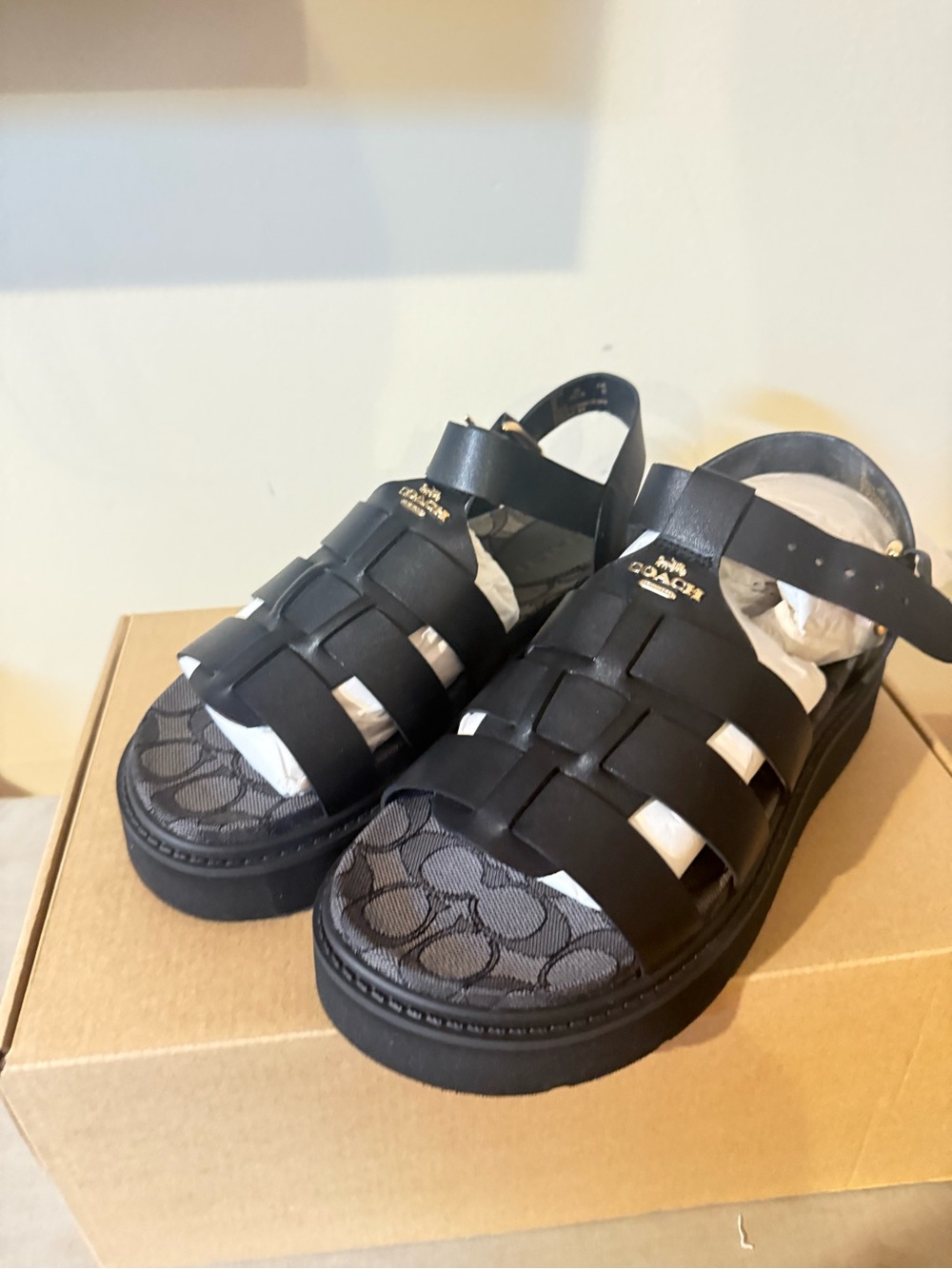 Coach Gladiator Black Leather Sandals